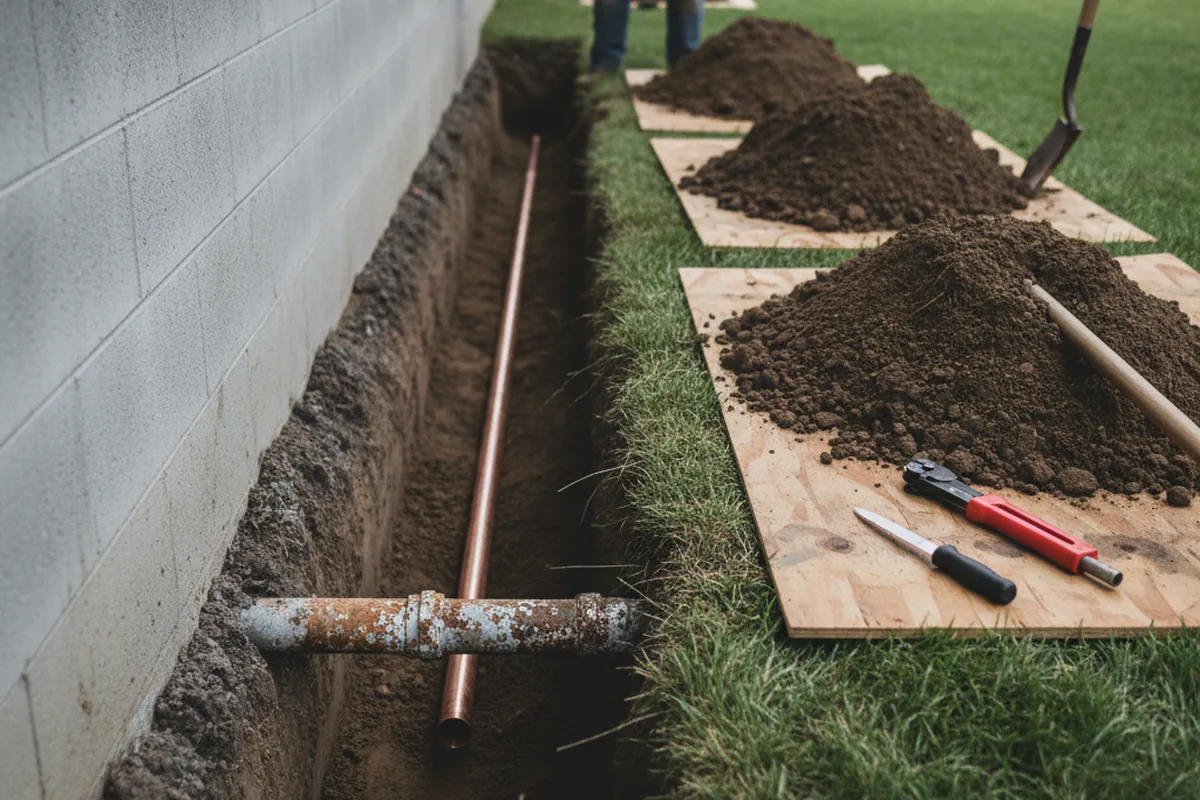 Excavated water line trench during Water Softener Installation in Ford